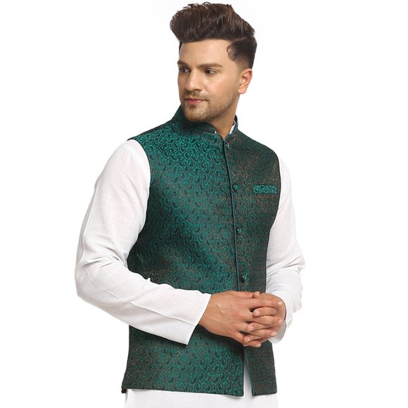Sleeveless Traditional Brocade Silk Fabric Green Nehru Jacket by Treemoda - Picture 2 of 5